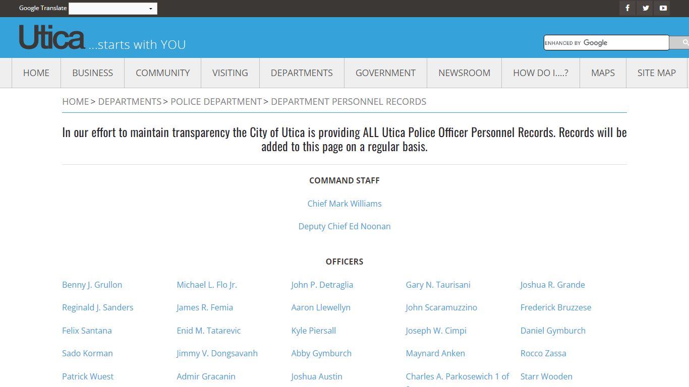 DEPARTMENT PERSONNEL RECORDS - City of Utica